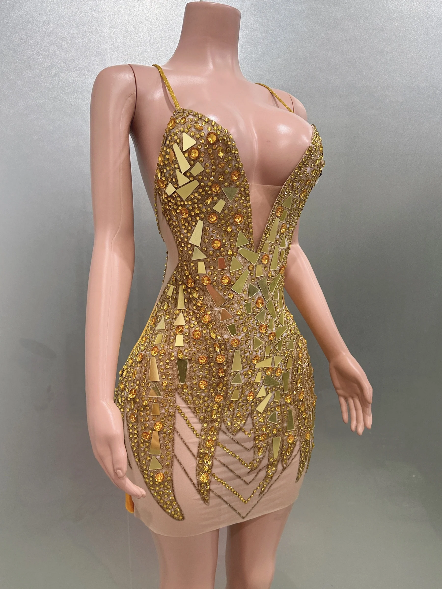 Sexy Gold Backless Sheath Mini Dress Flashing Sequins Birthday Evening Party Nightclub Singer Performance Costume Stage Wear