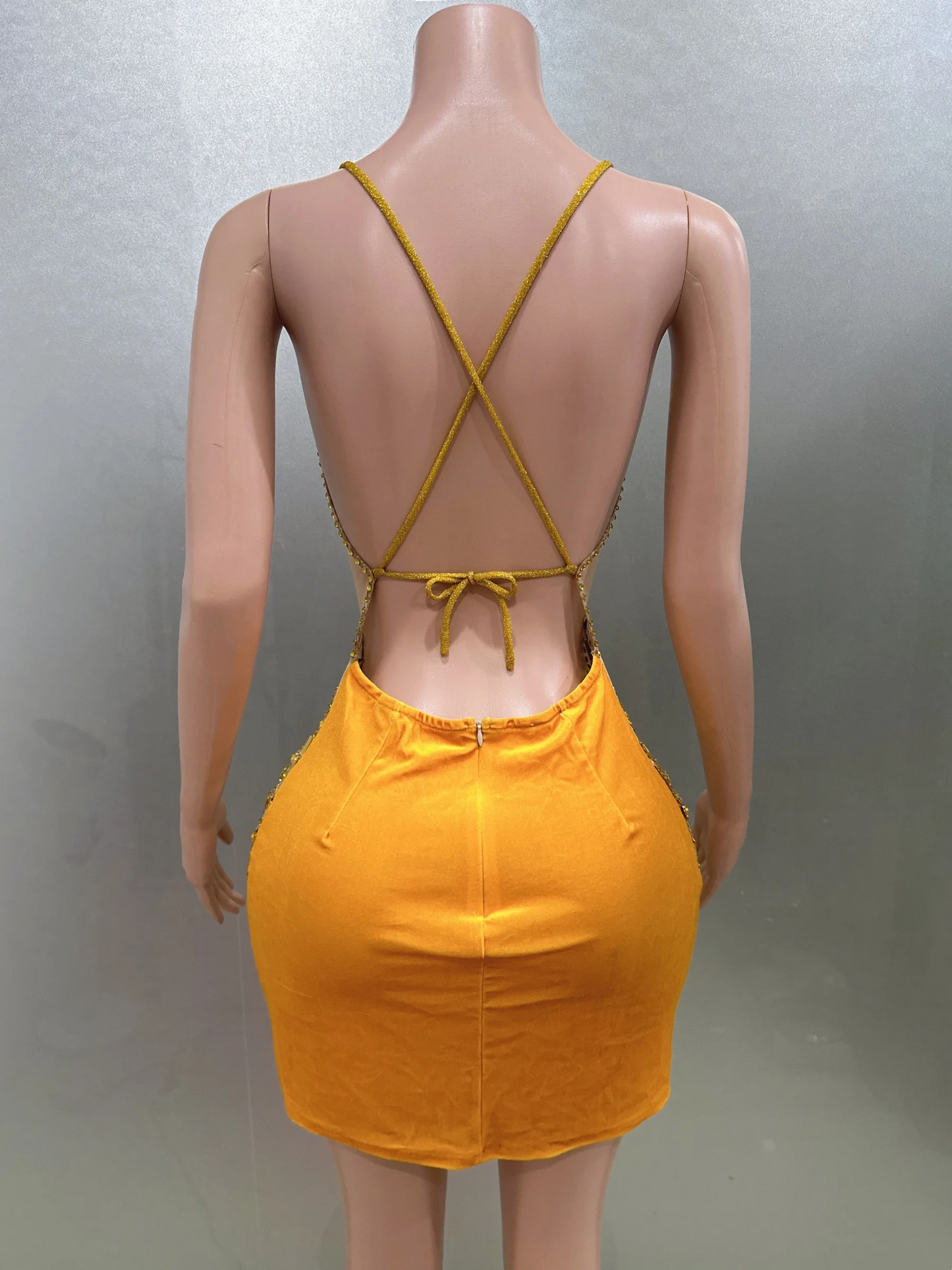 Sexy Gold Backless Sheath Mini Dress Flashing Sequins Birthday Evening Party Nightclub Singer Performance Costume Stage Wear