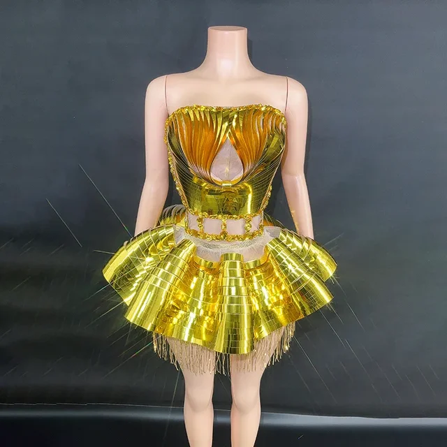 Gold Shinning Sequins Women Sexy 2 Pieces Bodycon Mini Dress Celebrate Birthday Party Performance Costume Stage Wear