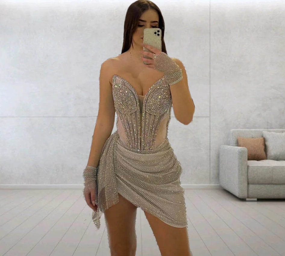 Sexy See Through Short Prom Gowns For Black Girls Rhinestone Mini Cocktail Party Gowns Gold Birthday Dinner Dress