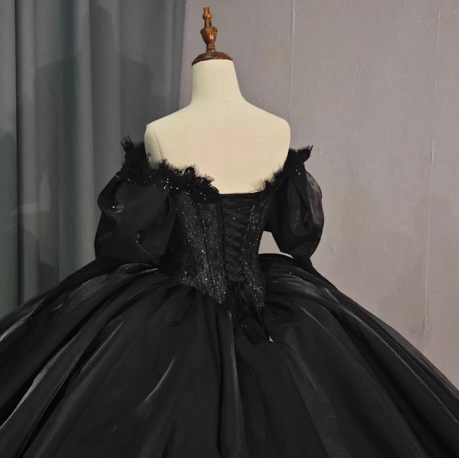 Black Gothic Princess Quinceanera Dresses 2025 Off Shoulder Puffy Sleeve Gillter Lace-up Corset Prom vestido de 15 años sweet 16