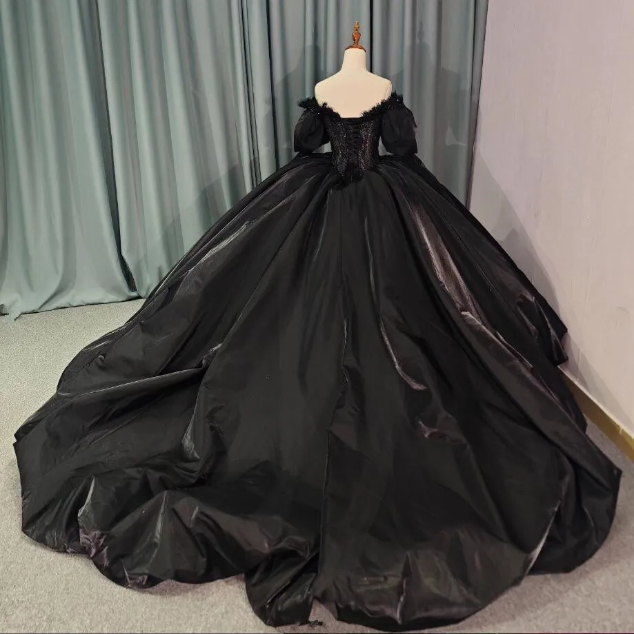 Black Gothic Princess Quinceanera Dresses 2025 Off Shoulder Puffy Sleeve Gillter Lace-up Corset Prom vestido de 15 años sweet 16