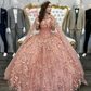 Rose Gold 3D Flowers Crystal Quinceanera Dress With Cape Appliques Beading Tassel Corset Vestidos De XV Anos sweet 15