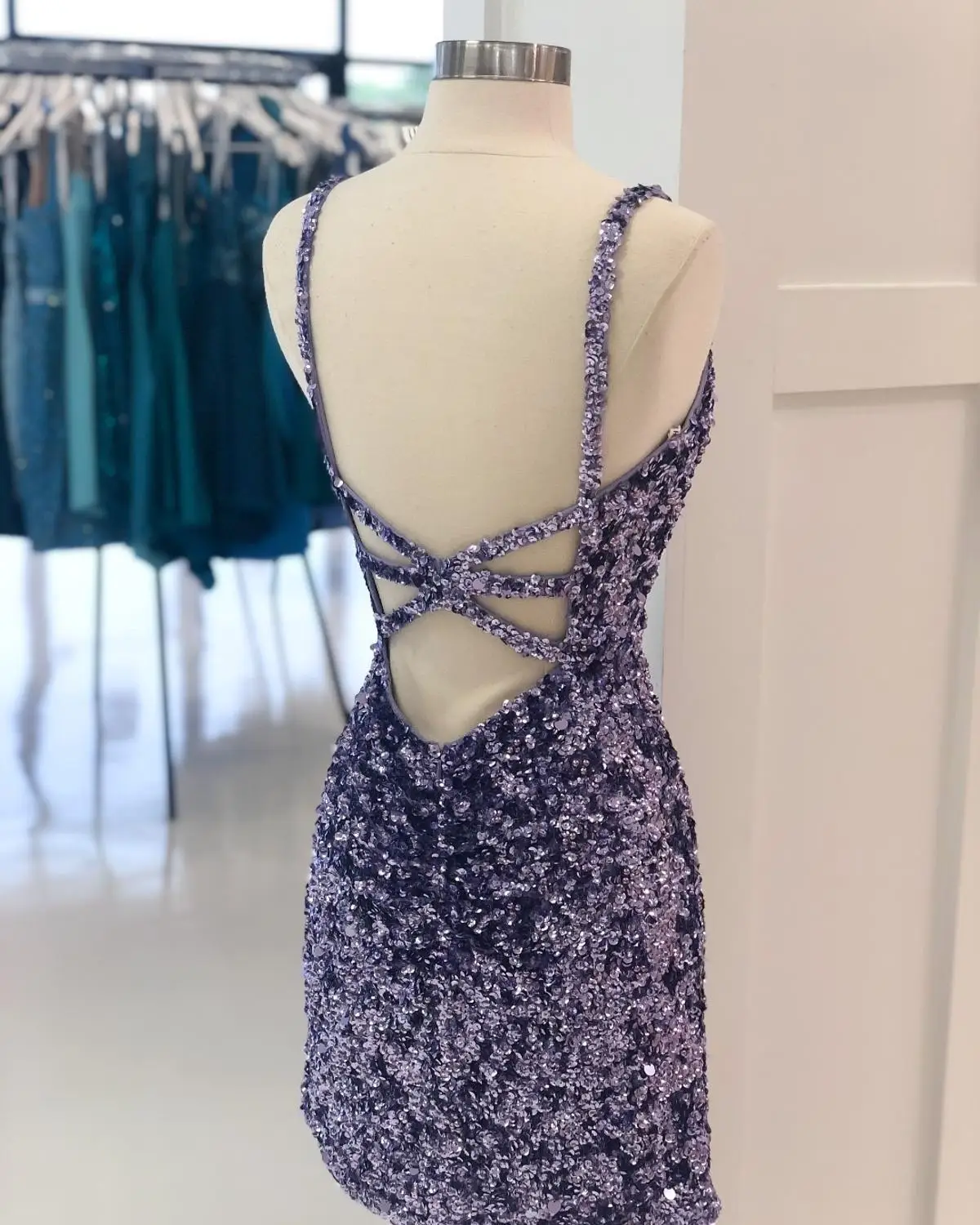 Purple Sequins vestido de formatura Hoco Homecoming Dress Short/Mini vestidos de graduación with Straps Sheath Green Blue V