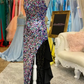 Music Festival Party Dress Lady Sheath Cocktail Hoco Gown Colorful Sequin Homecoming Prom Ruffle Skirt Slit