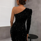 Elegant Dress Black One Shoulder Sexy Cocktail Dress Summer Dress Fashion Irregular Sleeveless Sequin Dress For Party