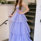 Spaghetti Straps A-line Graduation Dresses Organza Tiered Ruffles Sweetheart Long Cake Dress Sparkly Appliques Sequin Prom Gowns