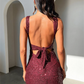 Sparkly Wine Red Sequins Spaghetti Straps Backless Cocktail Dress with Bow Lace Up Sexy Scoop Side Slit Pleated Homecoming Dress