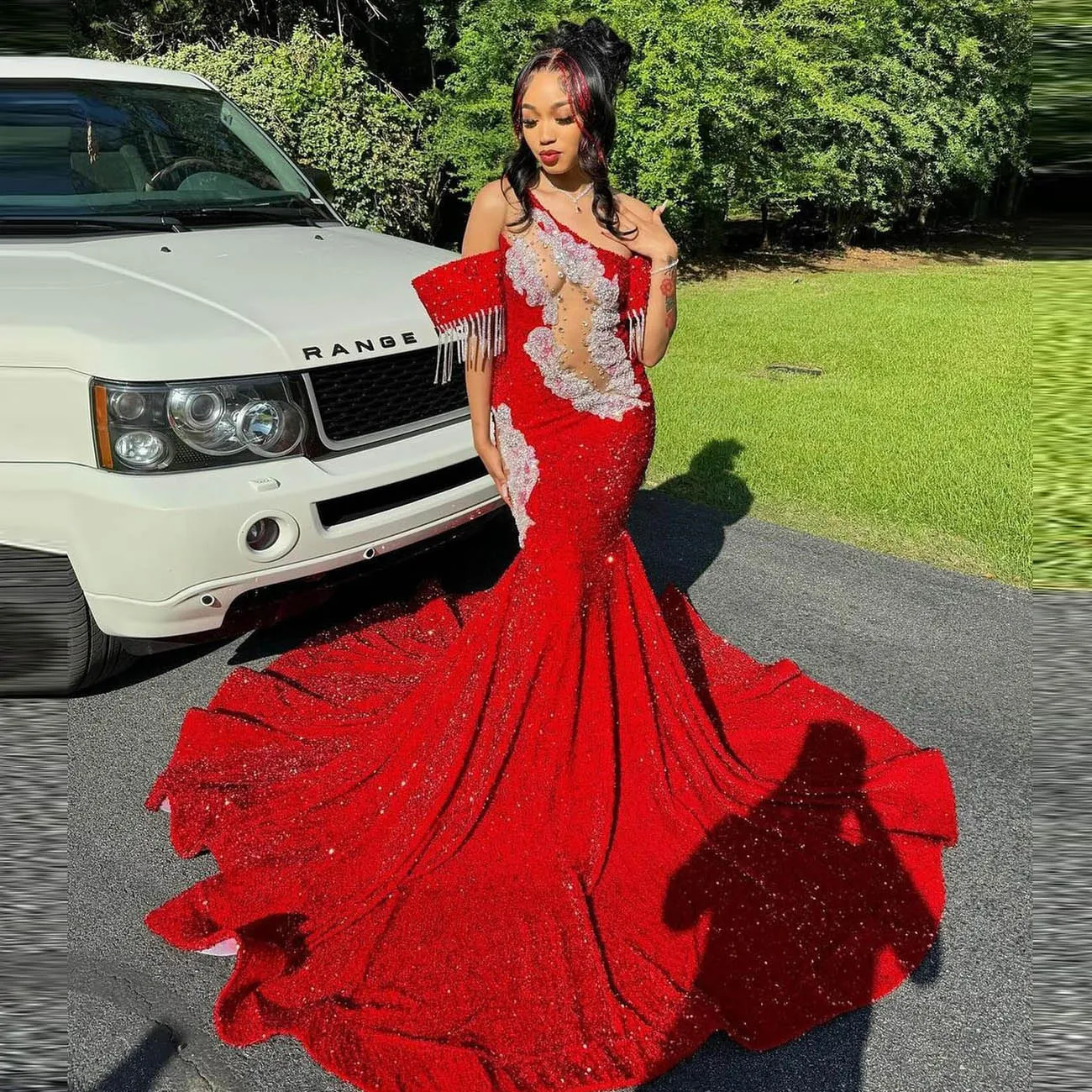 Stunning Sequined Prom Dresses long Appliques Tassels Sexy One Shoulder Mermaid Evening Gowns Red Wedding Reception Dress