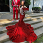 Stunning Sequined Prom Dresses long Appliques Tassels Sexy One Shoulder Mermaid Evening Gowns Red Wedding Reception Dress