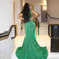 Green Sequined Mermaid Prom Dresses Illusion Neckline Appliques Plus Size Feathers Evening Dress For Black Girls Aso Ebi Gowns