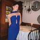 New Fashion Blue Bow Tie Halter Hollow Out Party Evening Dresses V Neck Strapless Bandage Dress