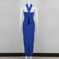 New Fashion Blue Bow Tie Halter Hollow Out Party Evening Dresses V Neck Strapless Bandage Dress