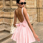 Neck Suspender Mini Dresses Summer Chic Female Party Vestidos Fashion Bow Backless Pleated Dress For Women Pink Solid Square