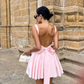 Neck Suspender Mini Dresses Summer Chic Female Party Vestidos Fashion Bow Backless Pleated Dress For Women Pink Solid Square