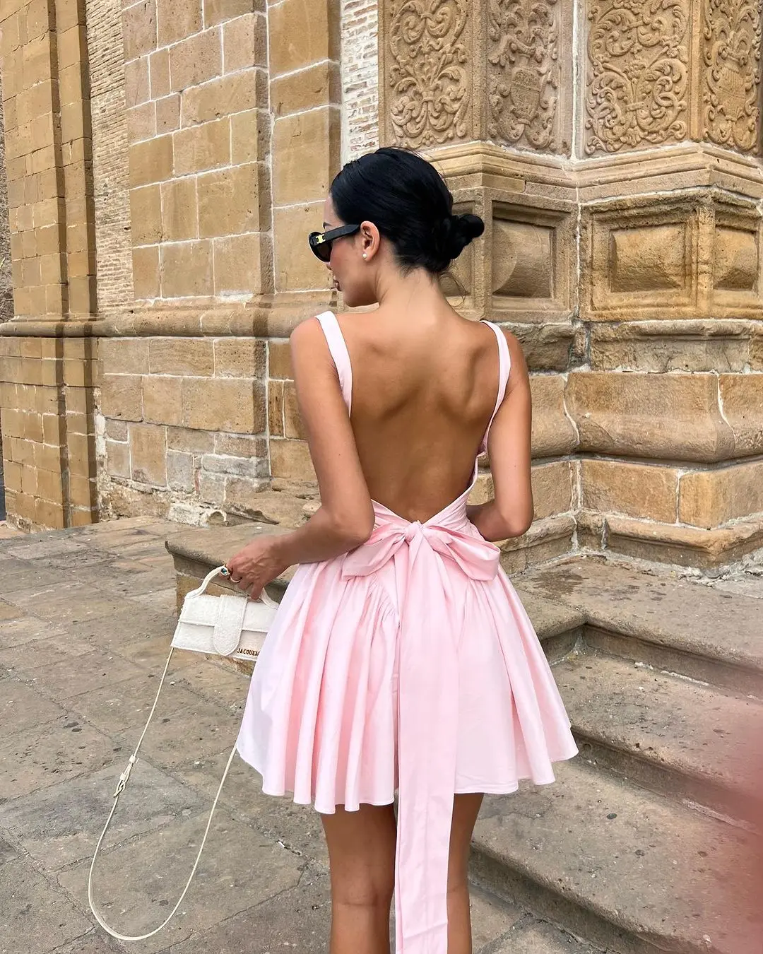 Neck Suspender Mini Dresses Summer Chic Female Party Vestidos Fashion Bow Backless Pleated Dress For Women Pink Solid Square