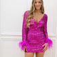 Fuchsia Sequin Homecoming Dress 2k24 Long Sleeve V-Neck Lady Prom Pageant Formal Cocktail Event Party Runway Black-Tie Gala Gown