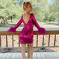 Fuchsia Sequin Homecoming Dress 2k24 Long Sleeve V-Neck Lady Prom Pageant Formal Cocktail Event Party Runway Black-Tie Gala Gown