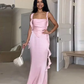 Spring Summer Fashion Women Dresses Elegant Ruffle Sleeveless Slim Tassels Pink Maxi Night Party Vestidos 2024