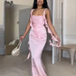 Spring Summer Fashion Women Dresses Elegant Ruffle Sleeveless Slim Tassels Pink Maxi Night Party Vestidos 2024