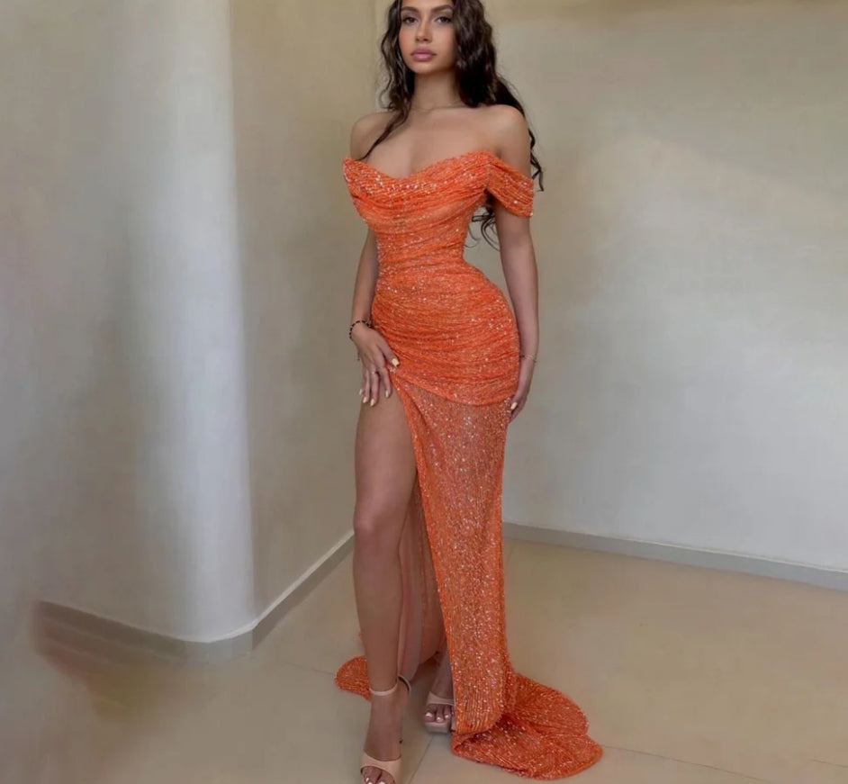 Off the Shoulder Formal Dresses Orange Mermaid Party Dress For Wedding Side Split Special Occasion Dresses robe soirée