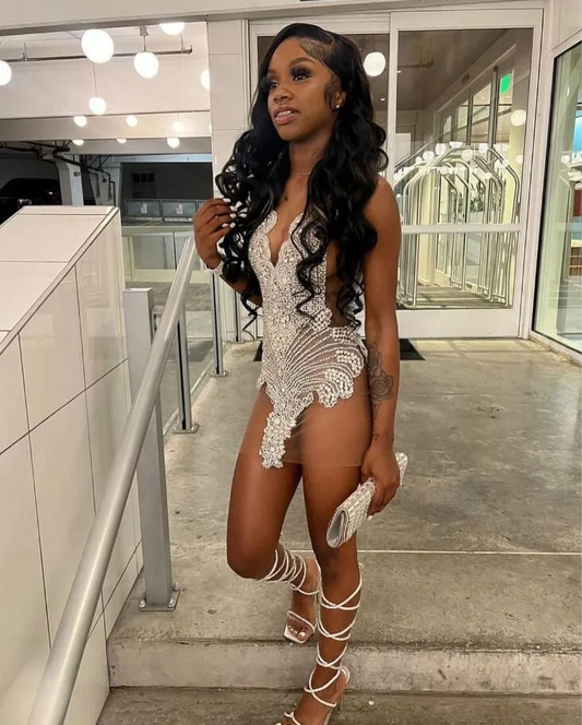 Ivy Silver Diamond Mini Evening Cocktail Dresses for Black Girl Sparkly Diamond Sheer Mesh Birthday Gala Prom Gown