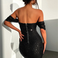 Sequins Off the Shoulder Cocktail Dresses Sparkly Pleated Boat Neck Mermaid Wedding Guest Dress Elegant Bodycon Evening Gowns