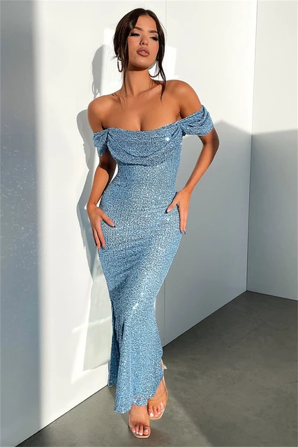 Sequins Off the Shoulder Cocktail Dresses Sparkly Pleated Boat Neck Mermaid Wedding Guest Dress Elegant Bodycon Evening Gowns