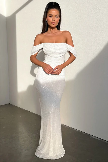 Sequins Off the Shoulder Cocktail Dresses Sparkly Pleated Boat Neck Mermaid Wedding Guest Dress Elegant Bodycon Evening Gowns