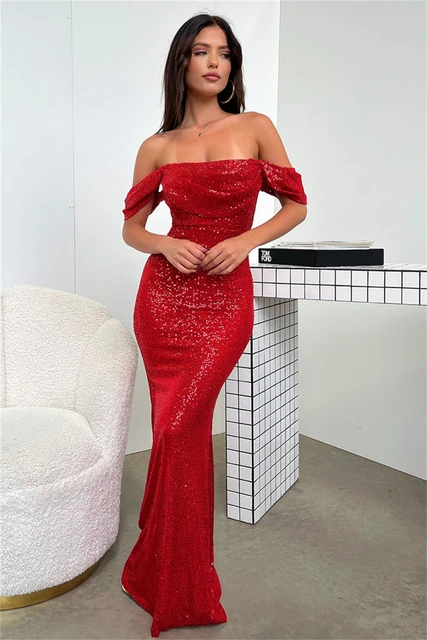 Sequins Off the Shoulder Cocktail Dresses Sparkly Pleated Boat Neck Mermaid Wedding Guest Dress Elegant Bodycon Evening Gowns