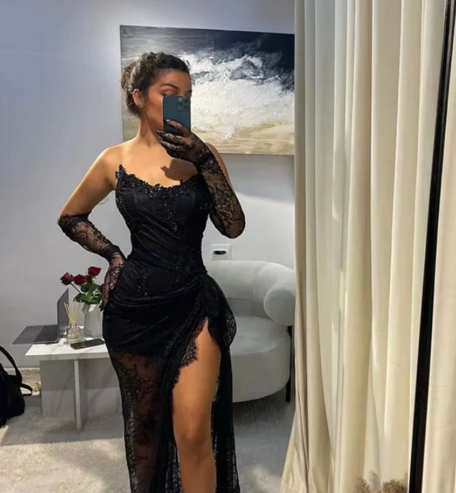 Sexy Black Long Prom Dresses 2024 With Two Gloves Corset Lace-up Back Appliques Wedding Reception Birthday Party Gowns