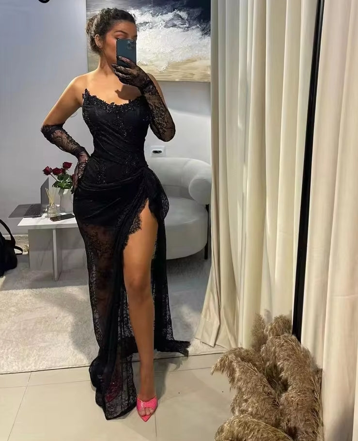 Sexy Black Long Prom Dresses 2024 With Two Gloves Corset Lace-up Back Appliques Wedding Reception Birthday Party Gowns