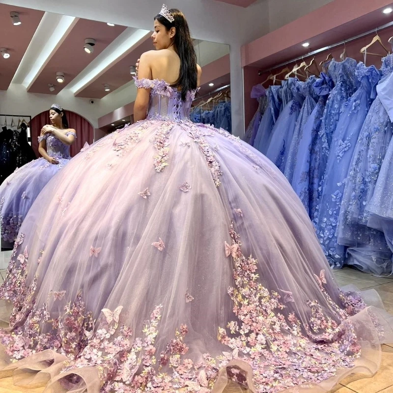 Mexican Lavender Quinceanera Dresses Ball Gown Beaded Lace Appliques Bow Sweet 16 Dress Princess Lace Up Vestido De 15 Anos