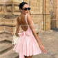 Short Satin Graduation Party Dress Pink Straps Sleeveless Homecoming Dresses Sexy Blackless With Bow Cocktail Prom Gowns