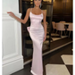 Pink Backless Bow Spaghetti Sleeveless Prom Dresses for Sexy Women Special Occasion Paert Luxury Evening Long Dress Formal Gown