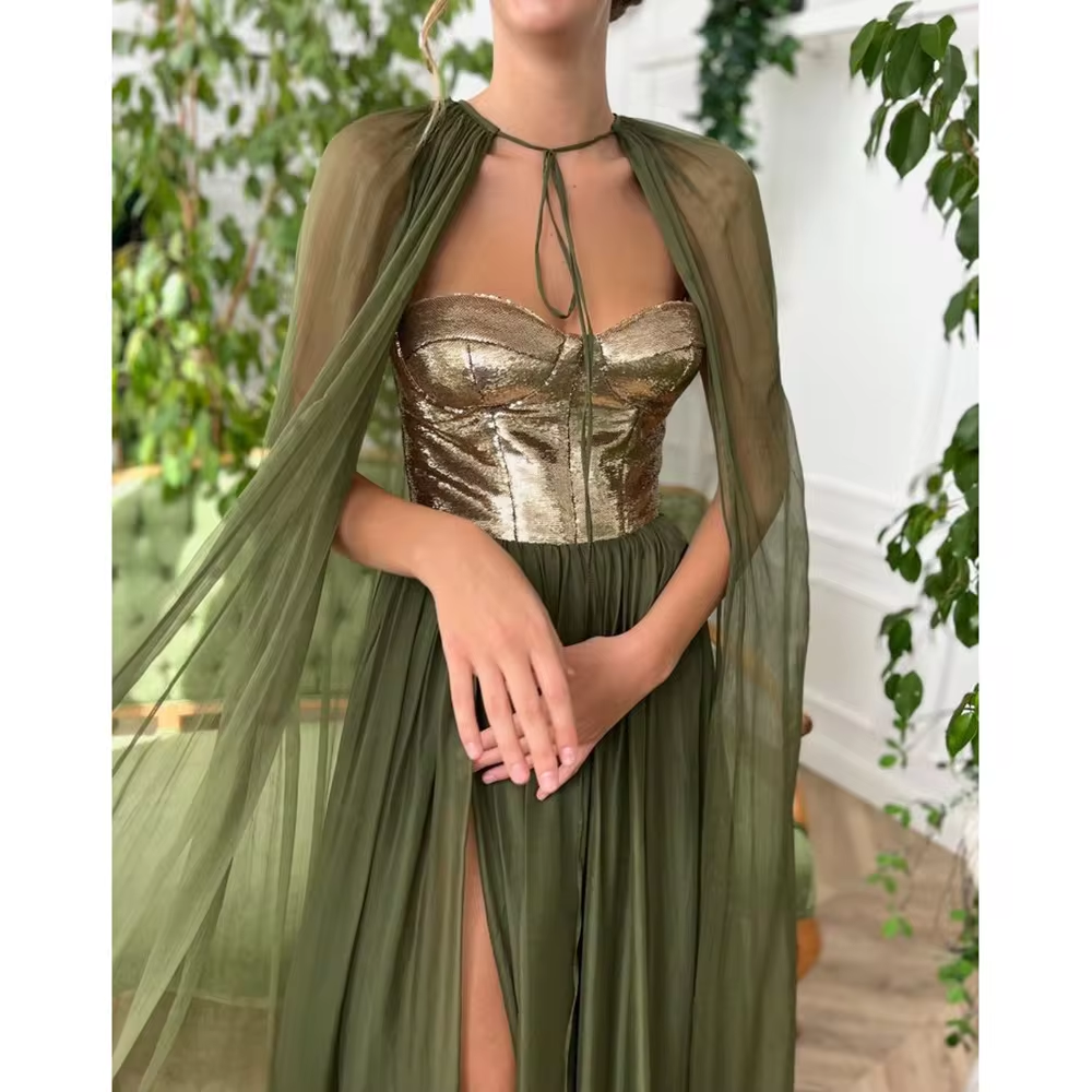 Green Organza High Split Evening Dress Cap Sweep Train Strapless Special Occasion Pretty Women Prom Dresses Formal Party Gown