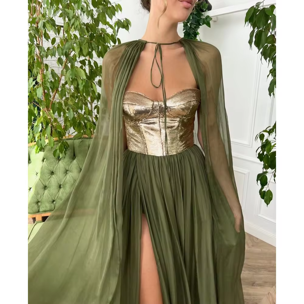 Green Organza High Split Evening Dress Cap Sweep Train Strapless Special Occasion Pretty Women Prom Dresses Formal Party Gown