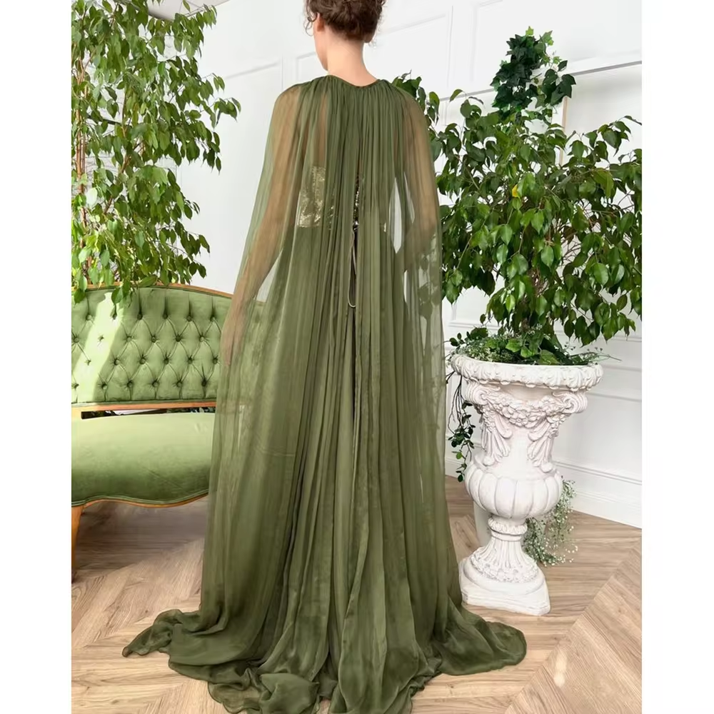 Green Organza High Split Evening Dress Cap Sweep Train Strapless Special Occasion Pretty Women Prom Dresses Formal Party Gown