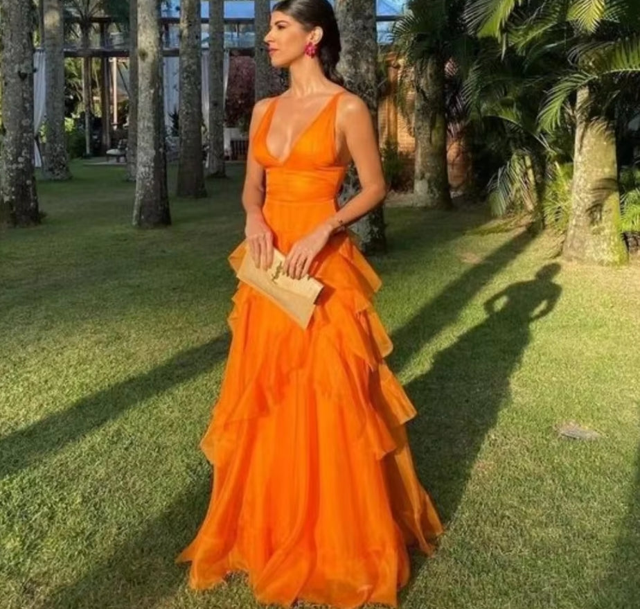 Sexy V-neck Prom Dressess A-Line Tiered Cocktail Evening Dress Orange Ladies Formal Sleeveless Gown