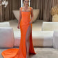 Orange Chic Woman Evening Dress Gown Mermaid Sexy Pleats Square Collar Night Dresses Gown With Split Custom robes de soirée