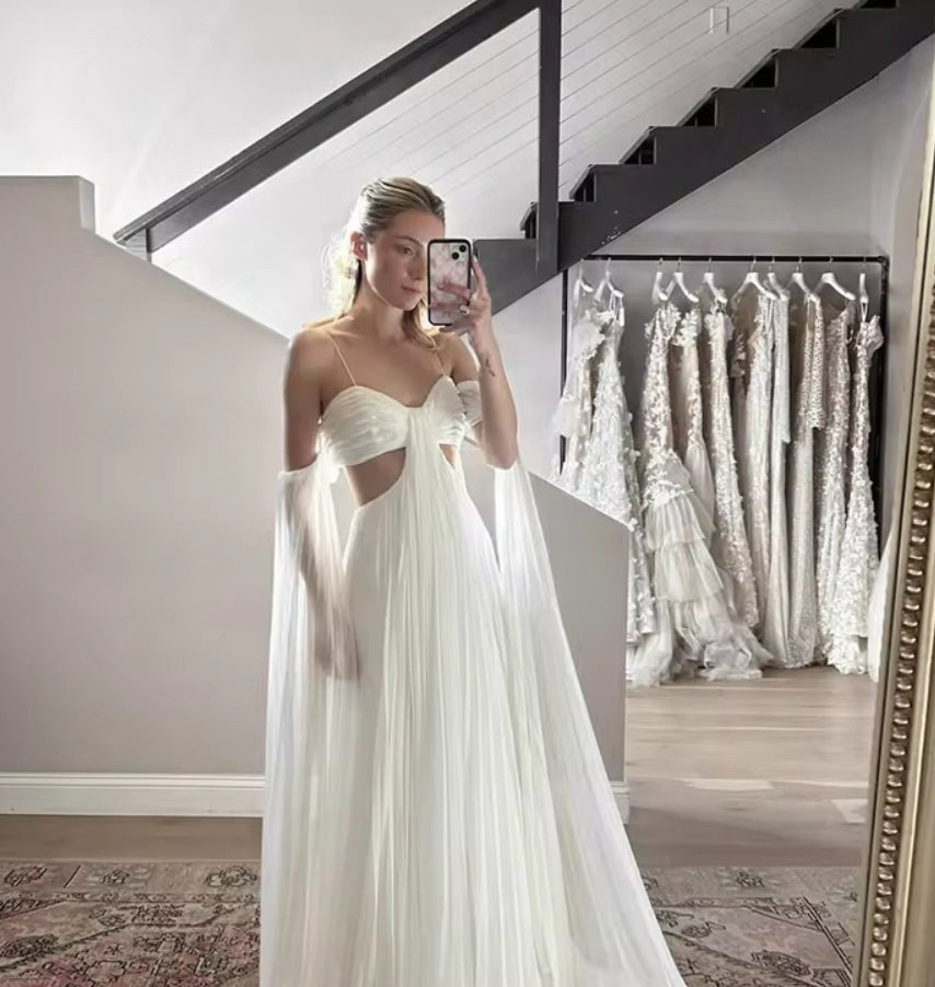 Simple 2024 White Wedding Dress Chiffon Long Sweetheart Cape Sleeves Long Bride Dresses Formal Bridal Gowns for Women