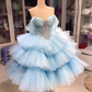 Fluffy Sky Blue Tulle Women Dresses To Birthday Party See Thru Coset Beaded Tulle Prom Gowns Sweatheart Ankle Length Tull Gowns