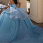 Baby Blue Glitter Ball Gown Quinceanera Dresses Sweet 16 Off The Shoulder Corset Vestido De 15 14 Anos Party Prom