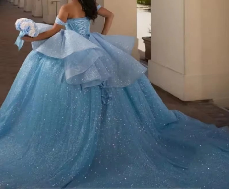 Baby Blue Glitter Ball Gown Quinceanera Dresses Sweet 16 Off The Shoulder Corset Vestido De 15 14 Anos Party Prom