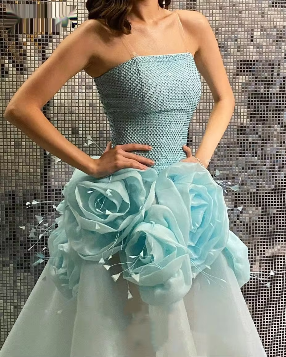 Elegant Vintage Sweet Beaded Crystal Ruffle Flowers Customized Formal Occasion Prom Dress Evening Party Gowns