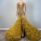 Gold Sparkly Long Mermaid Evening Reception Ceremony Dresses for Black Girl Luxury Diamond Tassel Ruffles Prom Gala Gown 2024