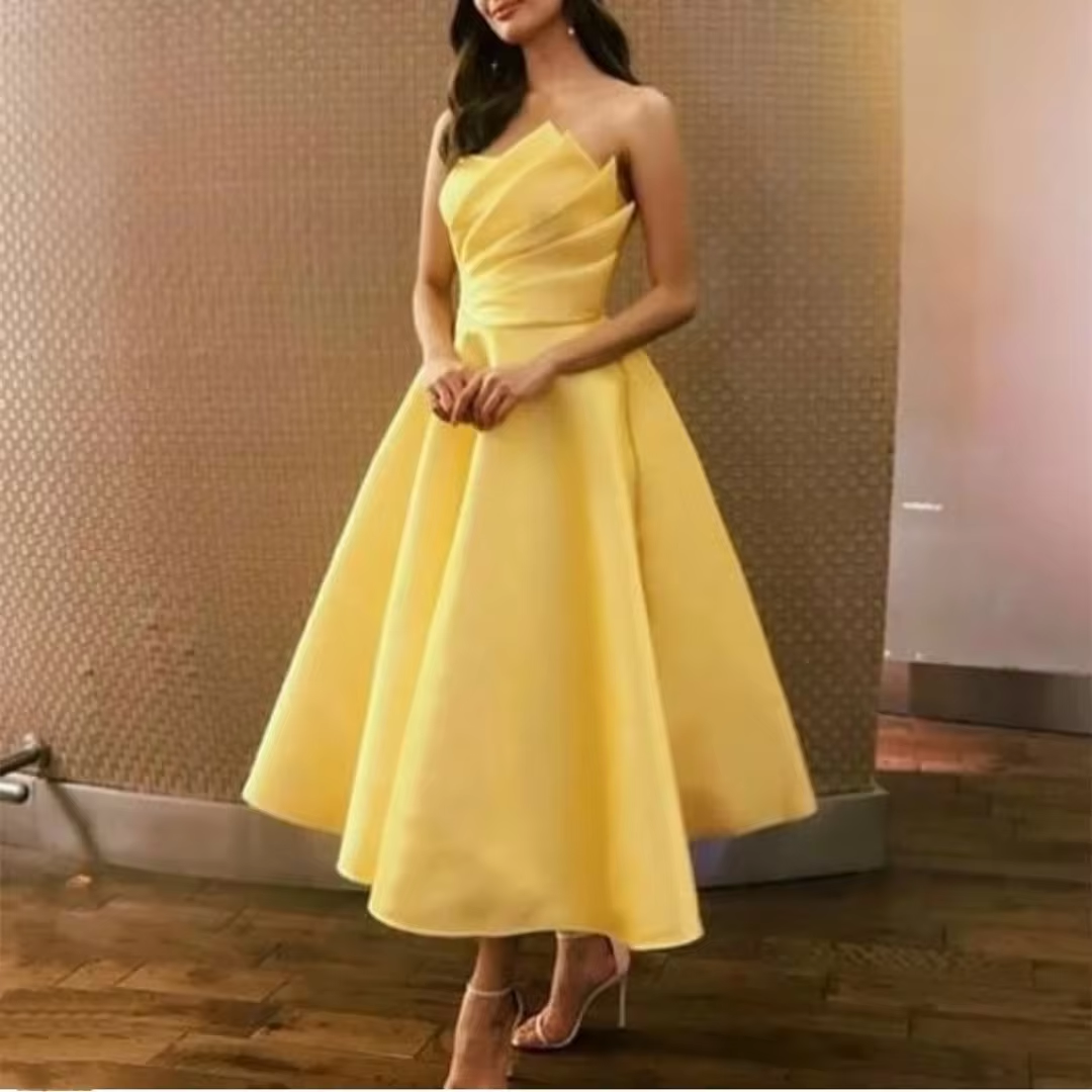 Yellow Short Strapless Prom Dresses Vestidos De Festa A-Line Tea Length Pleated Satin Formal Evening Party Gowns