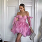 Pretty Handmade Flowers Prom Dresses Off The Shouder Bow Ruffles Tiered Tulle Mini Party Dress Puffy Mesh Pageant Gowns Z