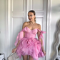 Pretty Handmade Flowers Prom Dresses Off The Shouder Bow Ruffles Tiered Tulle Mini Party Dress Puffy Mesh Pageant Gowns Z