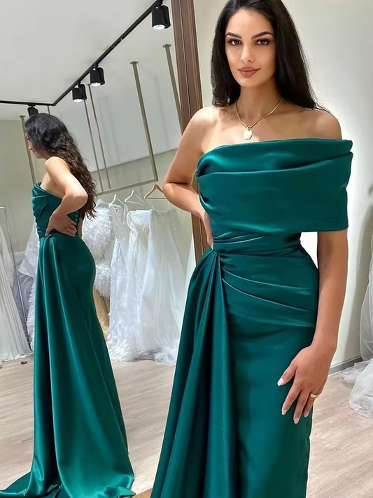 Satin Formal Evening Party Dresses Pleats with Side Train Draped High Slit Prom Dress Elegant Gown Wedding